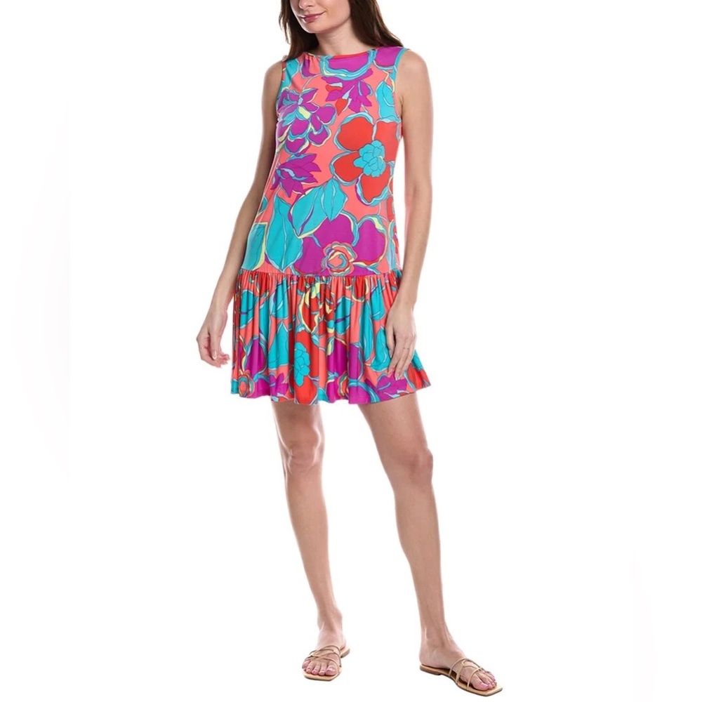Trina Turk Tropical Floral Drop Waist Dress Large Sleeveless Mini Shift Colorful